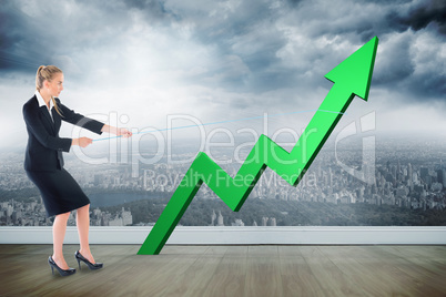 Composite image of businesswoman pulling a rope around arrow