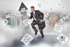 Composite image of cheerful businessman in a hurry