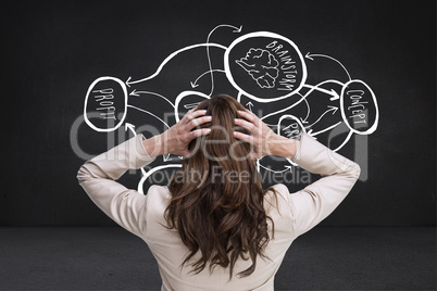 Composite image of young classy businesswoman with hands on head