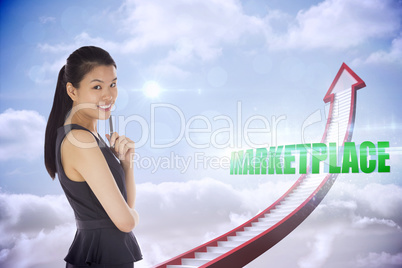 Marketplace against red stairs arrow pointing up against sky