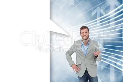 Composite image of stylish man smiling and gesturing with speech