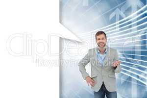 Composite image of stylish man smiling and gesturing with speech