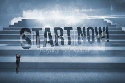 Start now! against steps against blue sky