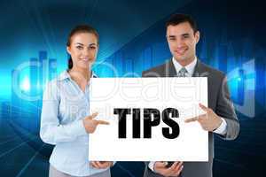 Business partners holding card saying tips