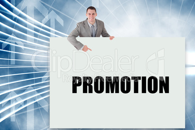 Businessman showing card saying promotion