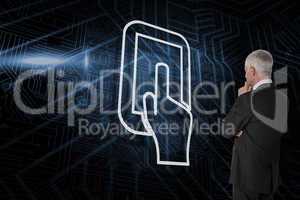 Composite image of tablet pc and businessman looking