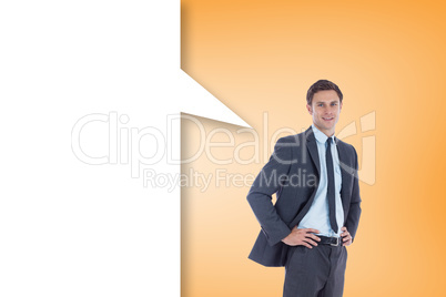 Composite image of smiling businessman with speech bubble