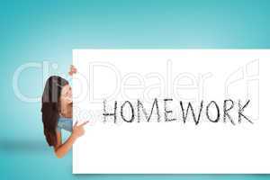Pretty brunette showing card with homework