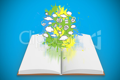 Composite image of brainstorm on paint splashes on open book