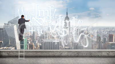 Composite image of businessman standing on ladder