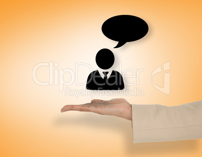 Composite image of female hand presenting man speaking