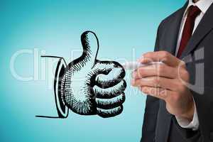 Composite image of businessman drawing thumbs up