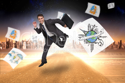 Composite image of cheerful businessman in a hurry