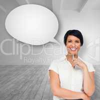 Composite image of thoughtful businesswoman with speech bubble