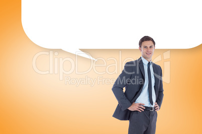 Composite image of smiling businessman with hands on hips with s