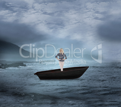 Composite image of thoughtful gorgeous blonde in a sailboat