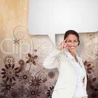 Composite image of thinking businesswoman with speech bubble