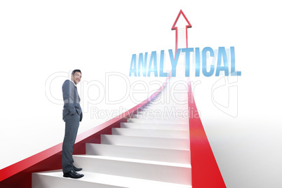 Analytical against red arrow with steps graphic