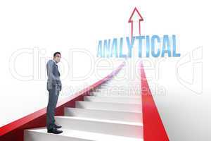 Analytical against red arrow with steps graphic