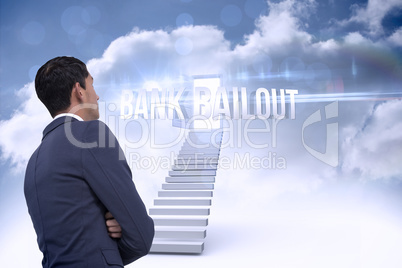 Bank bailout against open door at top of stairs in the sky
