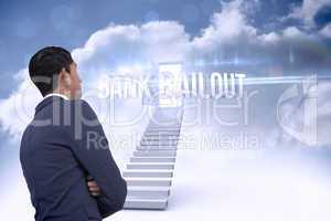 Bank bailout against open door at top of stairs in the sky