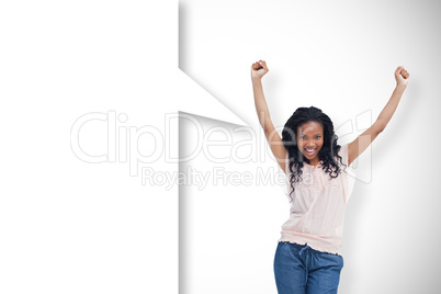 Composite image of a young happy woman with speech bubble
