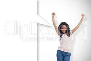 Composite image of a young happy woman with speech bubble