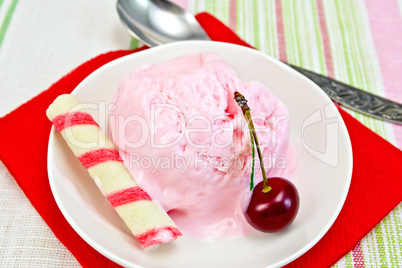 Ice cream cherry on red paper napkin with spoon