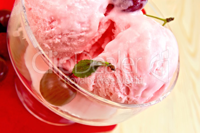 Ice cream cherry with berries on red napkin