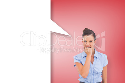 Composite image of furious businesswoman with speech bubble