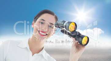 Composite image of smiling business woman with binoculars