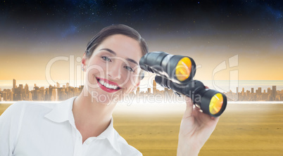 Composite image of smiling business woman with binoculars