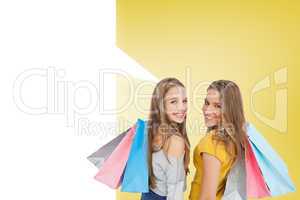 Composite image of two young women with shopping bags with speec