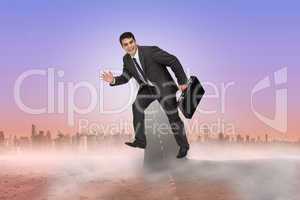 Composite image of cheerful businessman in a hurry