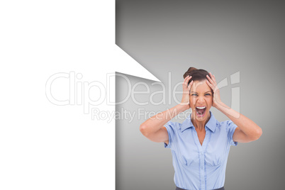 Composite image of stressed businessswoman with speech bubble