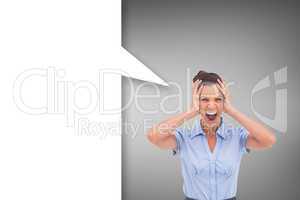 Composite image of stressed businessswoman with speech bubble