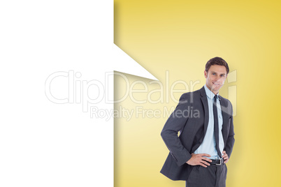 Composite image of smiling businessman with speech bubble