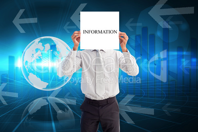 Businessman holding card saying information