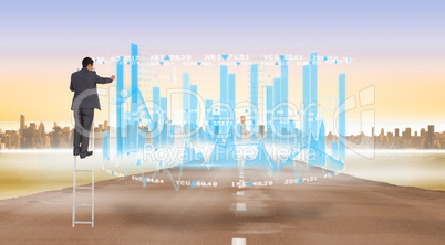 Composite image of businessman standing on ladder Composite image of businessman standing on ladder