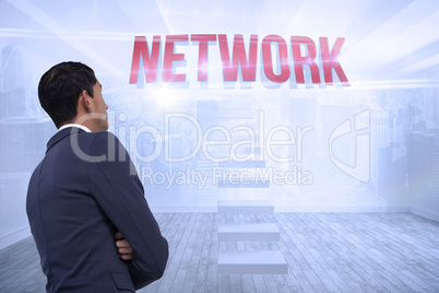 Network against city scene in a room