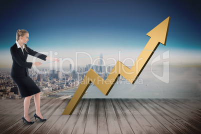 Composite image of businesswoman pulling a rope around arrow