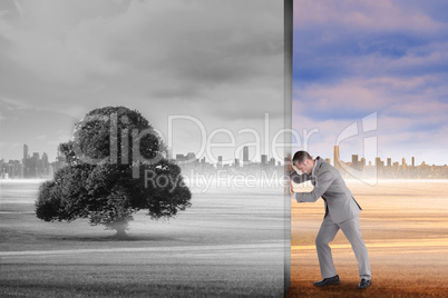 Composite image of businessman pushing away scene