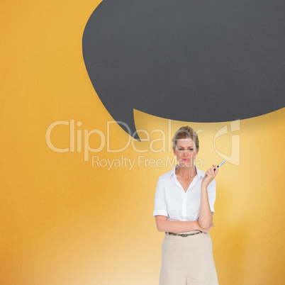 Composite image of thinking businesswoman with speech bubble