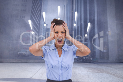 Composite image of stressed businessswoman with hand on her head