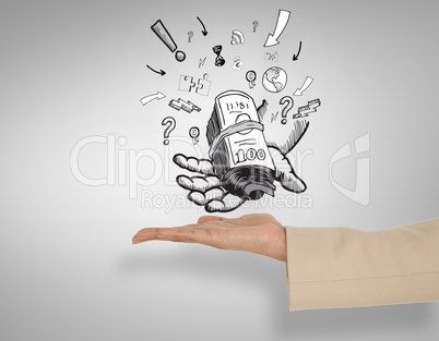 Composite image of female hand presenting money in hand