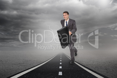 Composite image of smiling businessman in a hurry