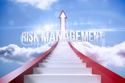 Risk management against red steps arrow pointing up against sky