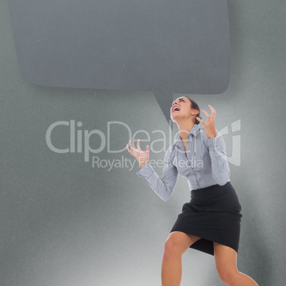 Composite image of furious businesswoman gesturing with speech b