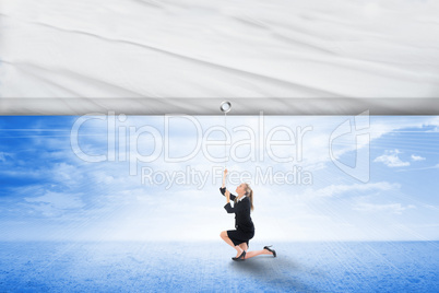 Composite image of businesswoman pulling a white screen