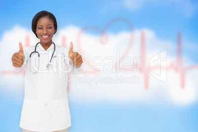 Composite image of young nurse giving thumbs up